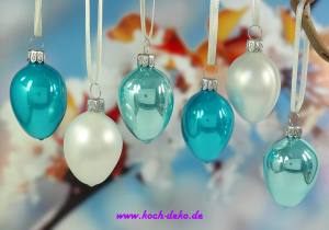 Mundgeblasene Ostereier ca.5,5cm, 6er-Set, türkis/blau Mix