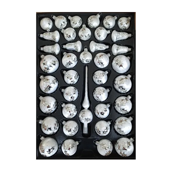 Sortimentskasten SET Christbaumschmuck Glas Silber Christdorn, 39 tlg.