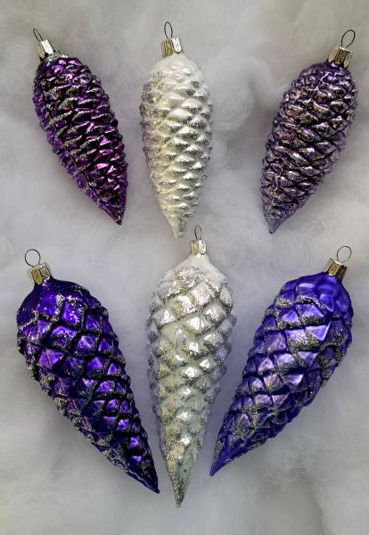 Zapfen, mundgeblasen lila / weiß Mix, 16 und 12 cm, 6tlg Set